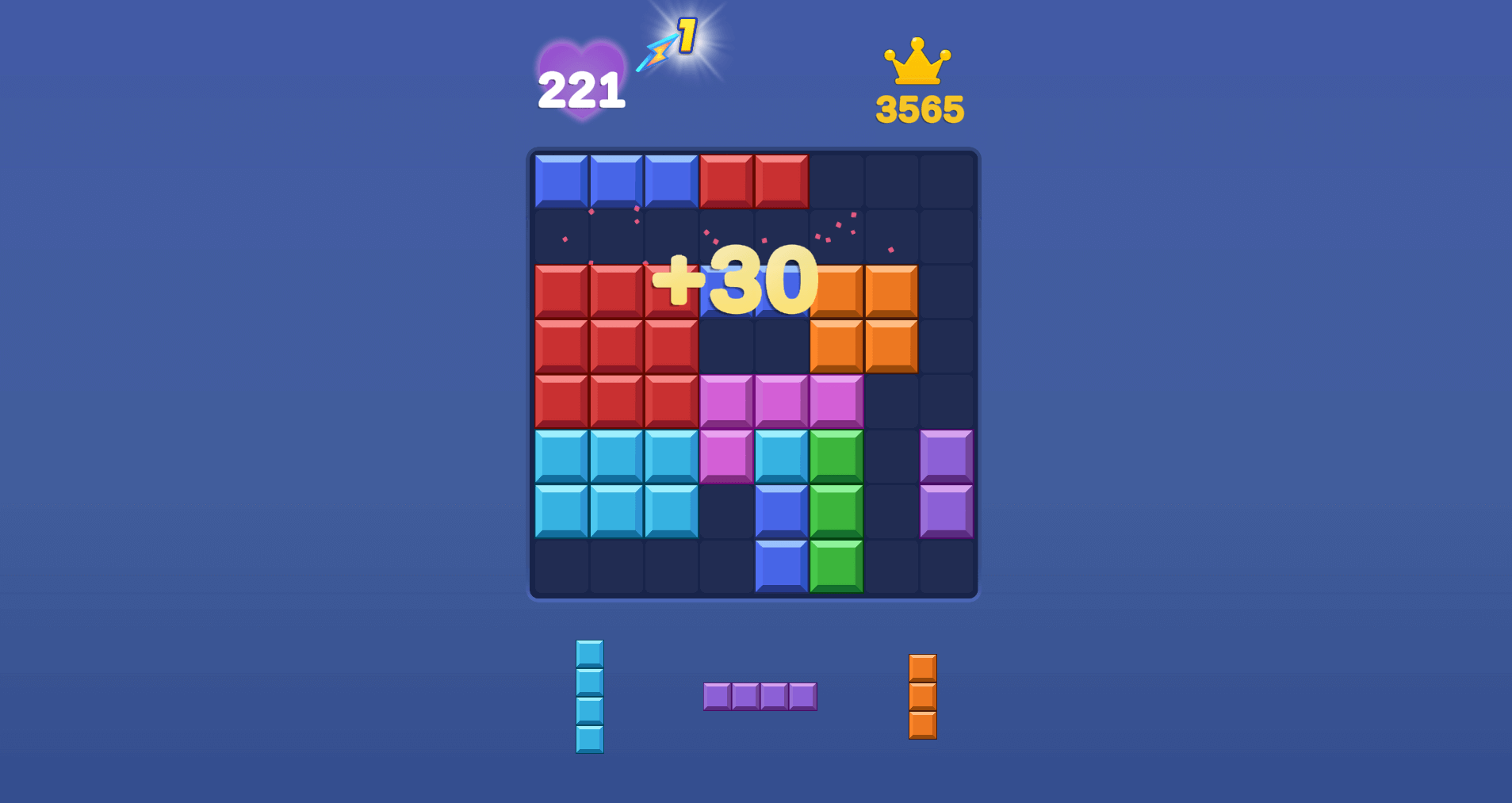 A player dragging a colorful block onto the grid in the Block Blast puzzle game.